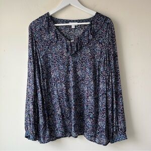 J. Jill Women's Top Ruffled Floral V-Neck Size M Rayon Blue Muli Peasant Blouse